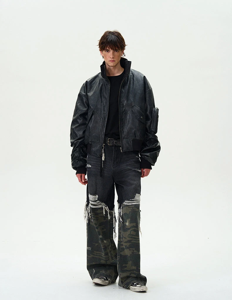 Oversized Faux Leather Mid Crop Bomber Jacket With Sleeve Zip Pocket 10 Oversized Faux Leather Mid Crop Bomber Jacket With Sleeve Zip Pocket - Image 10