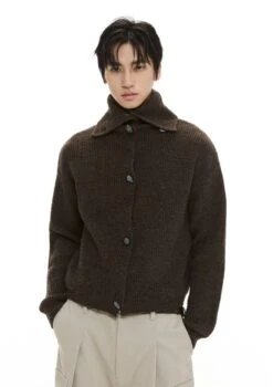 Fold Over Collar Knit Button-Up Cropped Cardigan