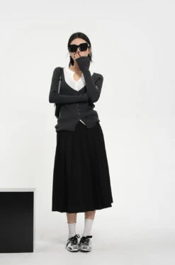 Front Pleated Midi Skirt With Back Slit And Belt Loops -Modern Wear Shop 7b295343af82c47e7876ccb795403413