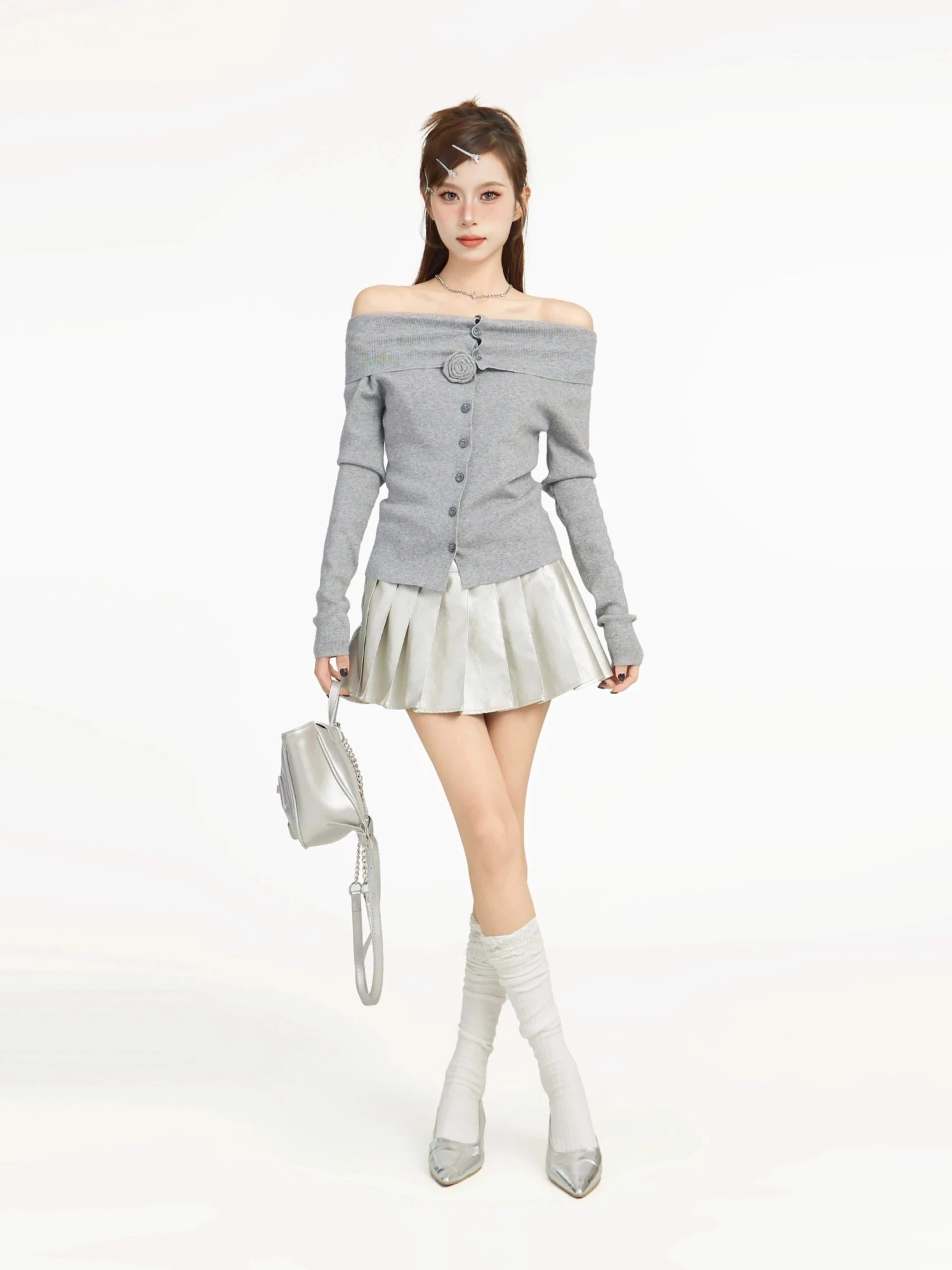 Off Shoulder Long Sleeve Button Top With Flower Applique 9 Off Shoulder Long Sleeve Button Top With Flower Applique - Image 9