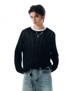 Ribbed Trim Sheer Textured Long Sleeve Knit Top -Modern Wear Shop 7cc4ed1d0956e76ccd0cac6bfc02ca31