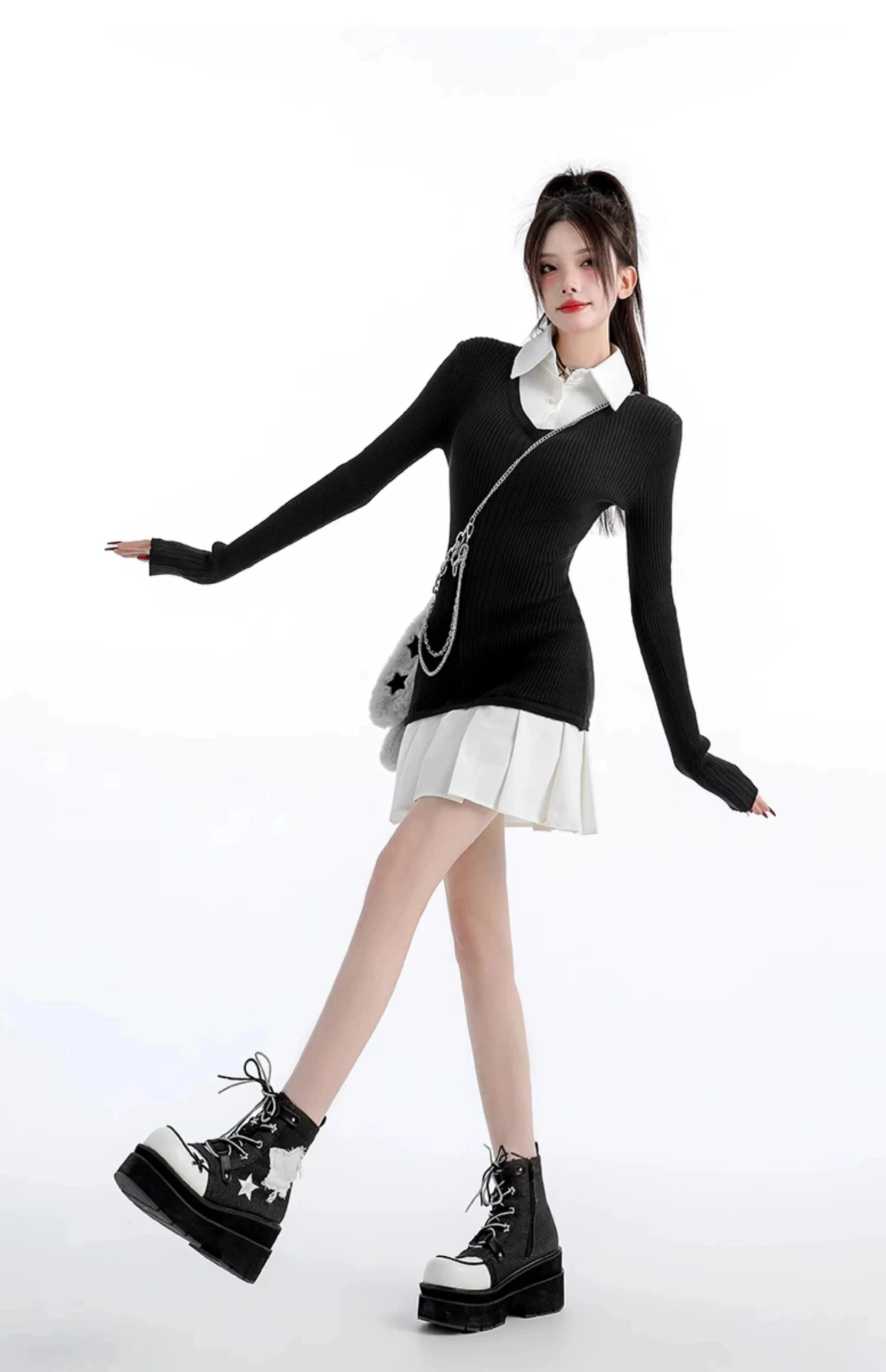 Mock Layered Pleated Hem Long Sleeve Dress 7 Mock Layered Pleated Hem Long Sleeve Dress - Image 7