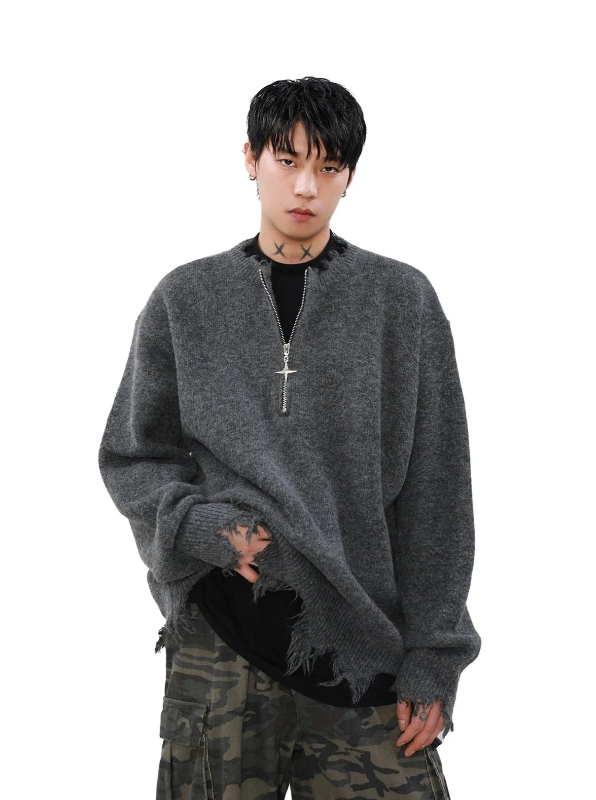 Distressed Ribbed Hem Half Cross Zip Fuzzy Sweater 2 Distressed Ribbed Hem Half Cross Zip Fuzzy Sweater - Image 2