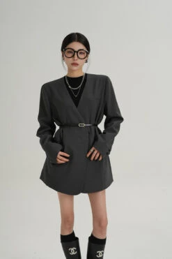 Oversized Lapelless Single-Button Blazer With Belt -Modern Wear Shop 7d36cc52c809e31fb758c1a1809762a4