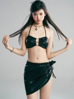 Metallic Crocodile-Print Chain Bikini Top With Wrap Skirt Swim Set