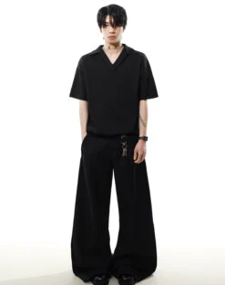 Textured Knit V-Neck Polo Collar Short Sleeve Top -Modern Wear Shop 7d68c8a172078a7586cc300c0d39a7e5