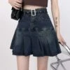 Tier Pleated Mini Denim Skirt With Belt