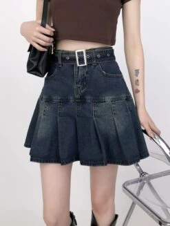 Tier Pleated Mini Denim Skirt With Belt