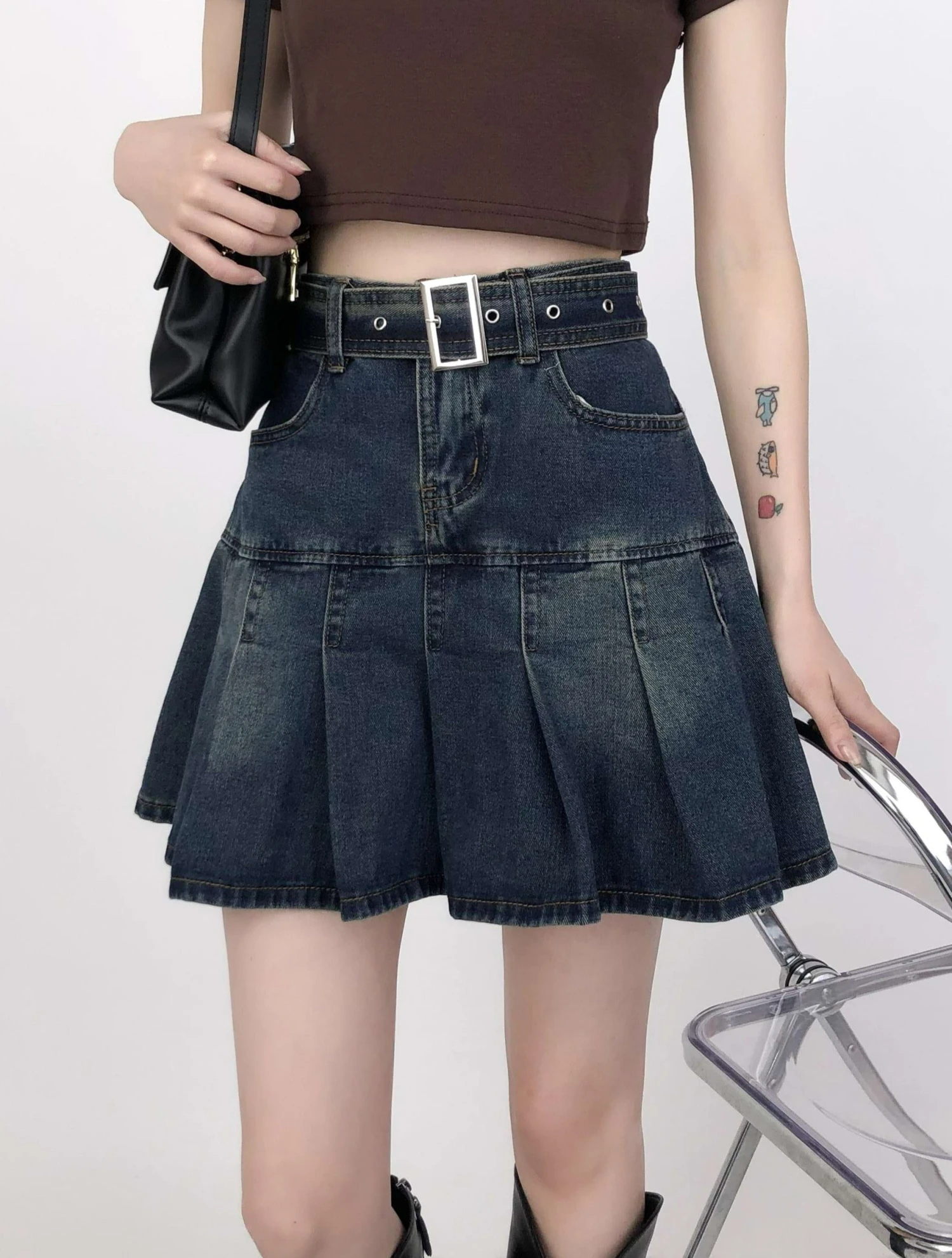 Tier Pleated Mini Denim Skirt With Belt 1 Tier Pleated Mini Denim Skirt With Belt