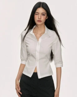 Skinny Button-Up Collared Shirt With Cropped Sleeves -Modern Wear Shop 7dc1c6d9ad54b5ae953fcbd075133a27
