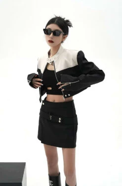 Color Block Cropped Moto Zip Up Jacket -Modern Wear Shop 7dc76d0df75bf1353bb54ee870f114ce