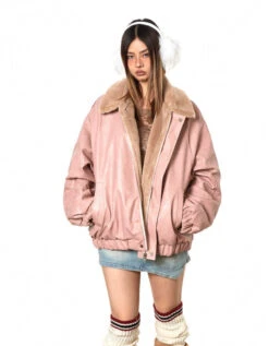 Fleece Lined Glossy Faux Leather Oversized Jacket