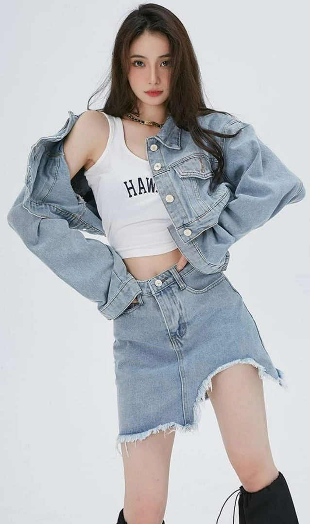 Cropped Denim Jacket And Distressed Hem Mini Skirt Two-Piece Set 2 Cropped Denim Jacket And Distressed Hem Mini Skirt Two-Piece Set - Image 2