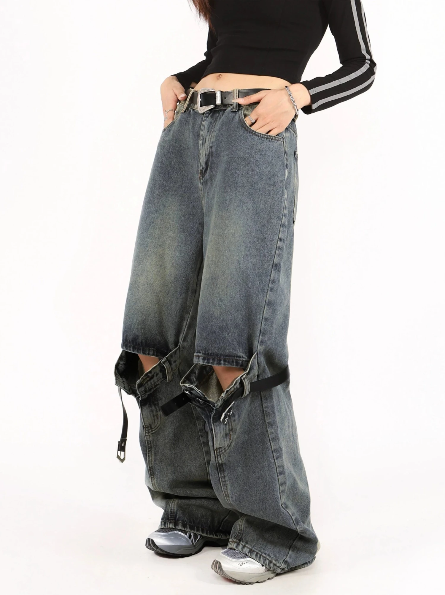 Button Belted Knee-Cutout Straight Faded Jeans 9 Button Belted Knee-Cutout Straight Faded Jeans - Image 9