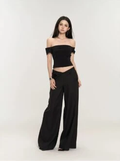 Wide-Leg Low Waist V-Shape Trousers With Floral Accent -Modern Wear Shop 7f4d9f477b37d845687e5bcbcaf1a202