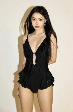 Ruffle Plunge Neckline One-Piece Swimsuit