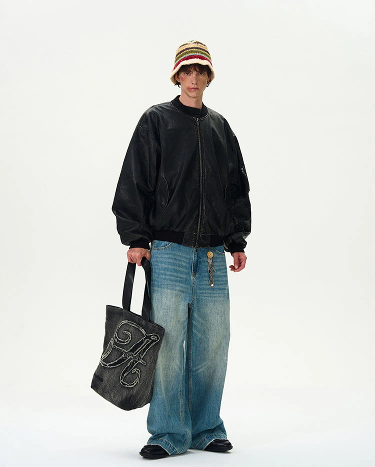 Oversized Distressed Faux Leather Bomber Jacket With Sleeve Pocket 15 Oversized Distressed Faux Leather Bomber Jacket With Sleeve Pocket - Image 15