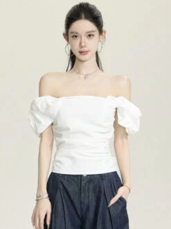Ruched Side Off Shoulder Puff-Sleeve Top