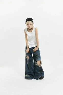 Wide-Leg Distressed Knee-Blown Denim Jeans -Modern Wear Shop 7fdbc699a22f579b5e0f2880d3845dff