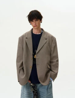 Oversized Checker Single-Breasted Blazer With Flap Pockets