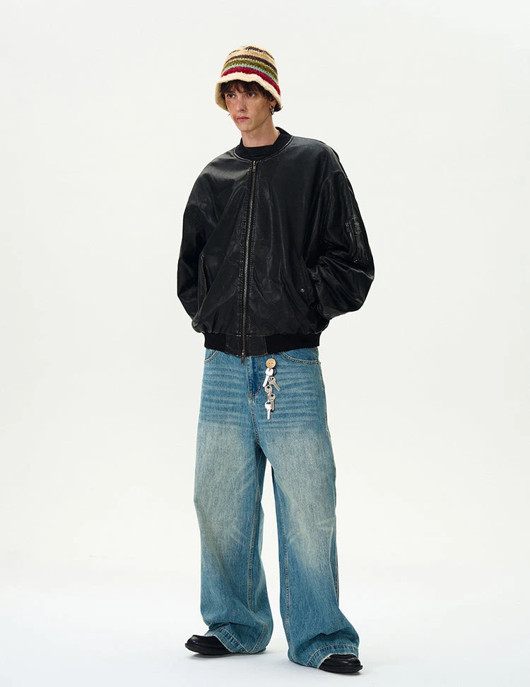 Oversized Distressed Faux Leather Bomber Jacket With Sleeve Pocket 14 Oversized Distressed Faux Leather Bomber Jacket With Sleeve Pocket - Image 14