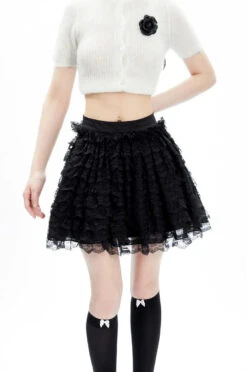 Layered Ruffle Lace Mini Skirt With Elastic Waistband