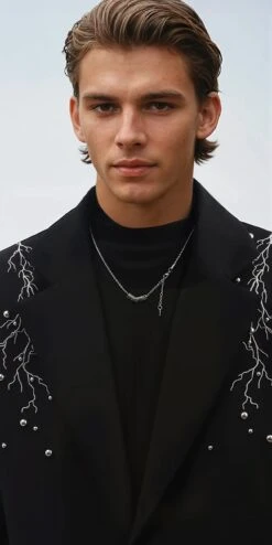 Embroidered Lightning Detail Blazer With Stud Accents -Modern Wear Shop 8055ee0f6fa4765b06dde413c2bb8637