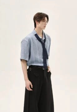 Textured Short Sleeve Button-Up Stripe Shirt With Chest Pocket And Necktie -Modern Wear Shop 80dbbfc3c75c847040fbc429c3934e70