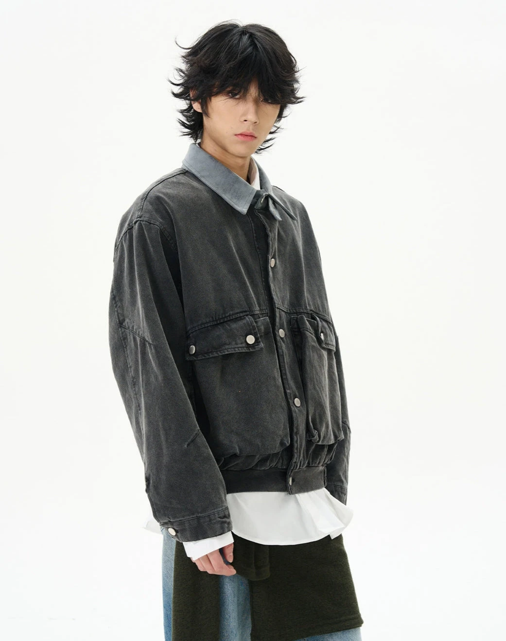Oversized Worker Button Jacket With Contrast Collar 7 Oversized Worker Button Jacket With Contrast Collar - Image 7
