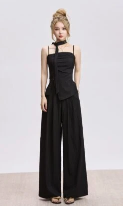 Adjustable Strap Ruched Top With Side Slit And Wide Leg Pleated Pants Two-Piece Set -Modern Wear Shop 814207caedaefccabd72ce083c75003d