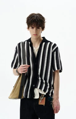 Stripe Open Knit Button Shirt With Collar -Modern Wear Shop 8154e61f22d78e0174f46a9ae88ab3ae