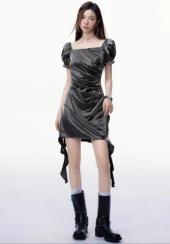 Satin Puff Sleeve Ruched Asymmetric Mini Dress -Modern Wear Shop 819a6bff635aafab8858b3b58c493146