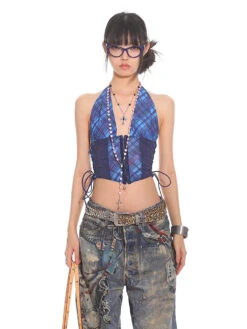 Plaid Halter Neck Crop Top With Side Lacing