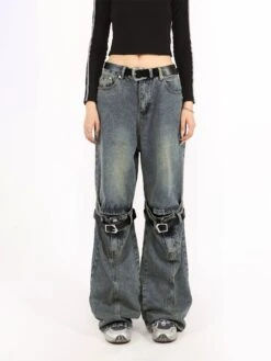 Button Belted Knee-Cutout Straight Faded Jeans 22 Button Belted Knee-Cutout Straight Faded Jeans -Modern Wear Shop 81f09f7b97816cb688d772b03f85260f