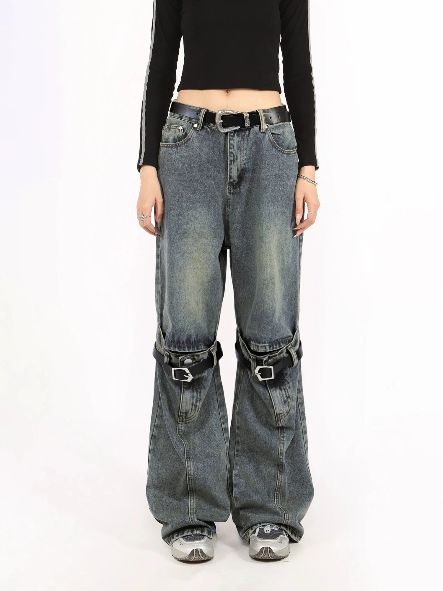 Button Belted Knee-Cutout Straight Faded Jeans 5 Button Belted Knee-Cutout Straight Faded Jeans - Image 5