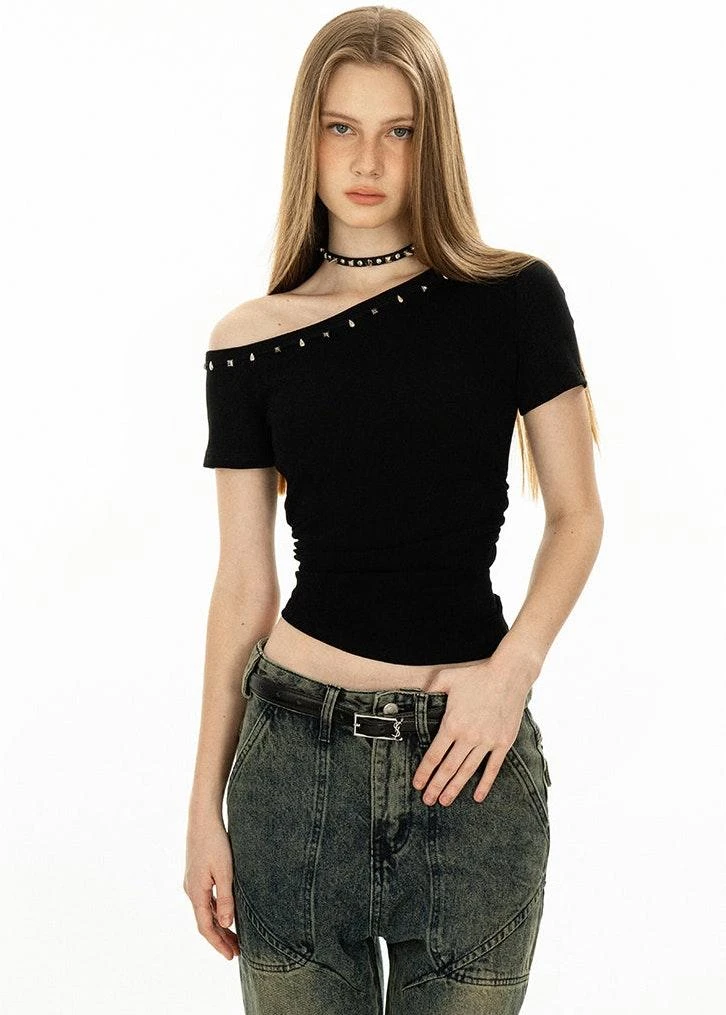 Asymmetric Studded Neckline Crop Top 11 Asymmetric Studded Neckline Crop Top - Image 11