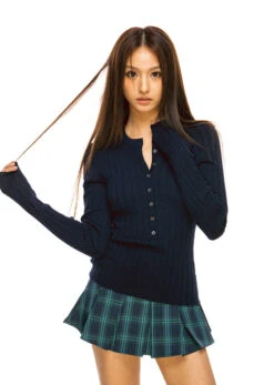 Ribbed Henley Long Sleeve Knit Top With Button Detail -Modern Wear Shop 8228c705d3d4346085308d47d373ed16