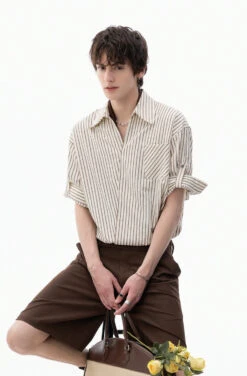 Stripe Overlap Short Sleeve Button-Up Shirt With Chest Pocket -Modern Wear Shop 822cdcb429b50d15bb41cae86ac026bc