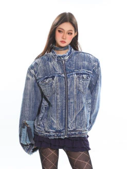 Distressed Trim Stripe-Washed Boxy Denim Jacket -Modern Wear Shop 825a5ae9c1248045ce19deadc2858d80