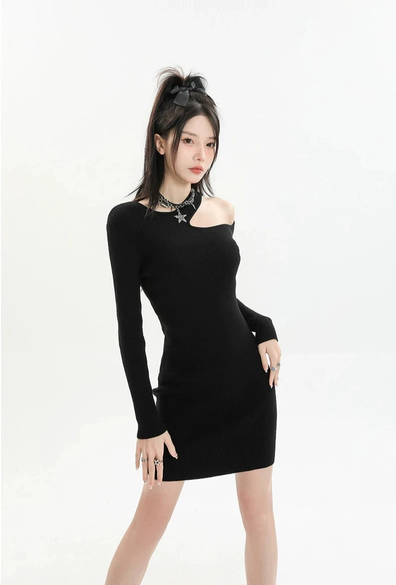 Asymmetric Collar Long Sleeve Bodycon Mini Dress 3 Asymmetric Collar Long Sleeve Bodycon Mini Dress - Image 3