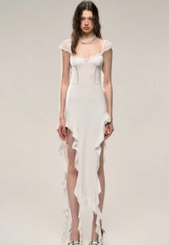 Ruffle Hem Sheer Sleeve Ruched Midi Dress With Flower Accent