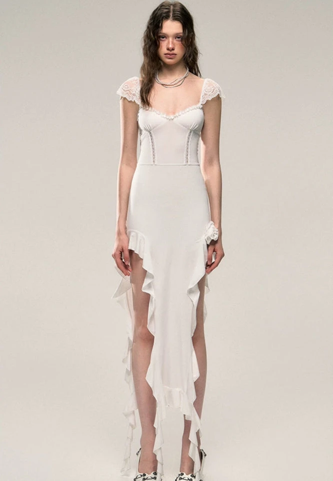 Ruffle Hem Sheer Sleeve Ruched Midi Dress With Flower Accent 1 Ruffle Hem Sheer Sleeve Ruched Midi Dress With Flower Accent