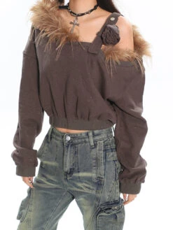 Faux Fur Trim Off-Shoulder Long Sleeve Top With Single Strap -Modern Wear Shop 82fd87394193bcb8d3e23308d2156d4c