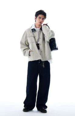 Faux Leather Collar Distressed Denim Worker Jacket -Modern Wear Shop 82fe7bbf6867c747ec440e41ceda6eec