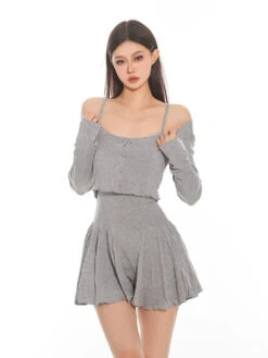 Sleeveless Crop Top And Pleated Shorts With Cardigan Tee Three-Piece Set