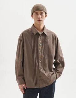 Pleated Button Down Long Sleeve Shirt With Embroidery Detail