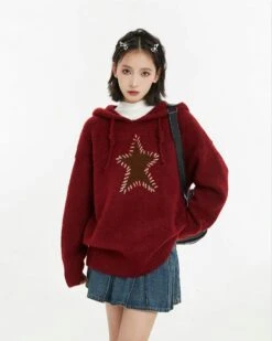 Oversized Star Patchwork Knit Hoodie Sweater -Modern Wear Shop 83cbfb375d4e10334382196b90f87192