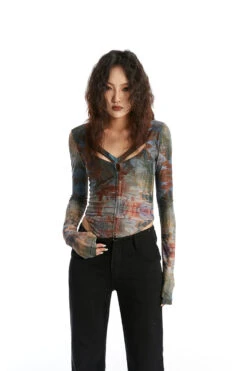 Abstract Print Long Sleeve V-Neck Bodysuit Top