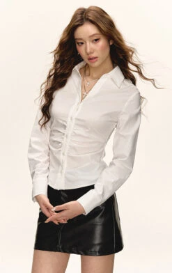 Ruched Button-Up Long Sleeve Collared Shirt -Modern Wear Shop 8450c3f10ef98867a46dcb699c570dff
