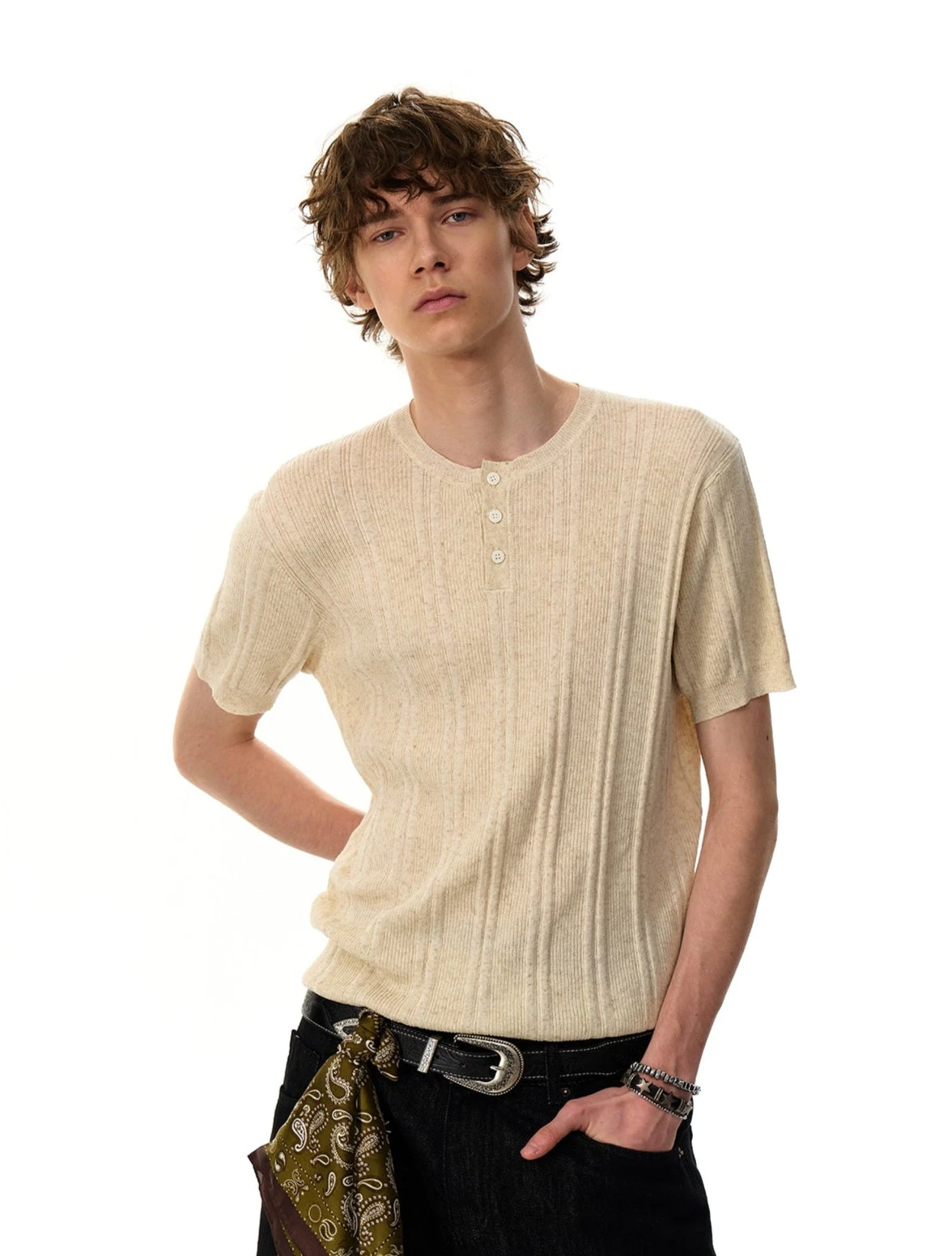 Ribbed Knit Half Button Short Sleeve Shirt 2 Ribbed Knit Half Button Short Sleeve Shirt - Image 2